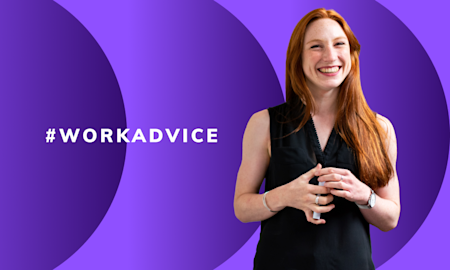Woman smiling against a purple background (Thumbnail)