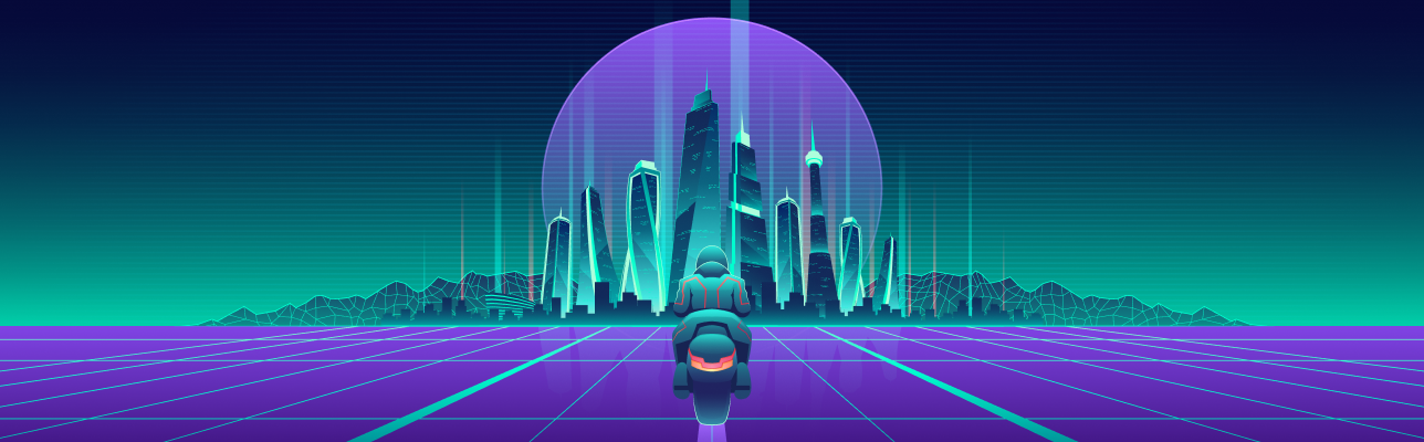 Illustration of a person on a motorcycle in the metaverse (cover image)