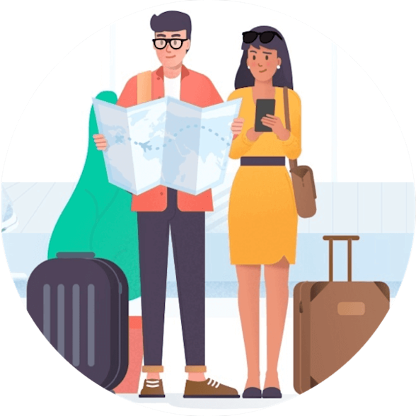 Man and Woman standing with luggages map and a phone