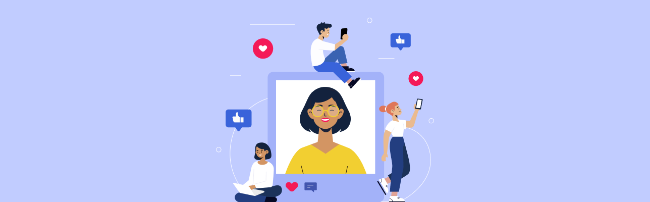 Illustration of a woman on a screen surrounded by people (cover image)