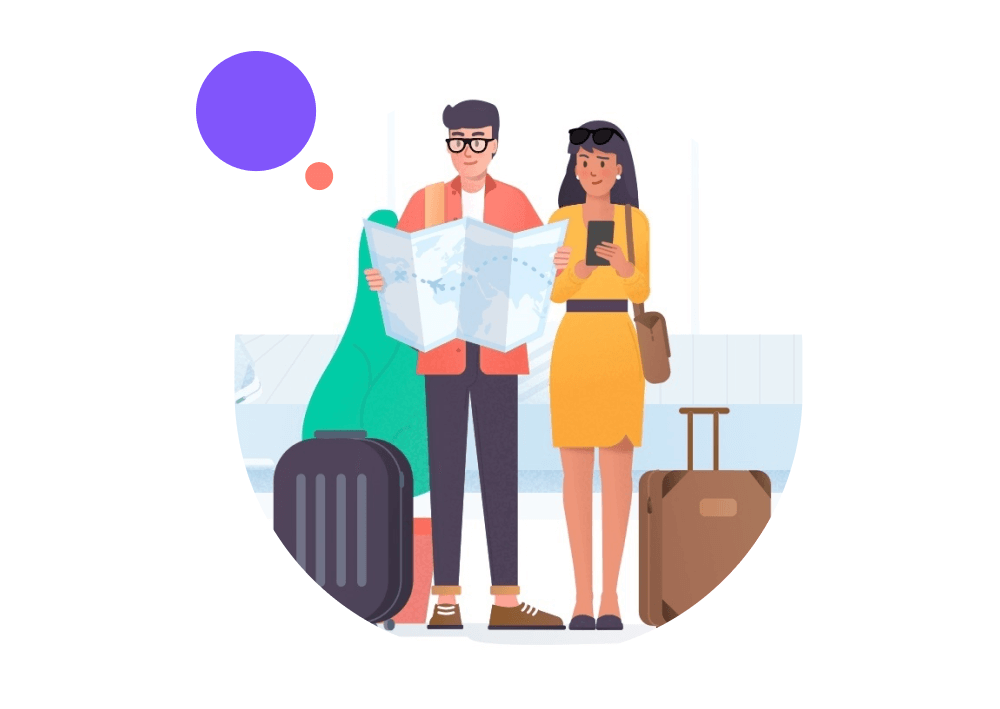 Round framed illustration of a man and a woman looking at a map