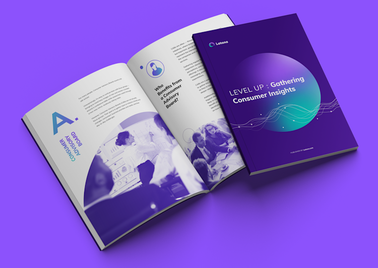 Purple book with a title of LEVEL UP: Gathering Consumer Insights on a green background