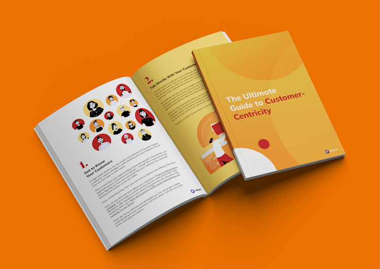 Orange yellow book with tittle The ultimate Guide to Customer-Centricity in orange background