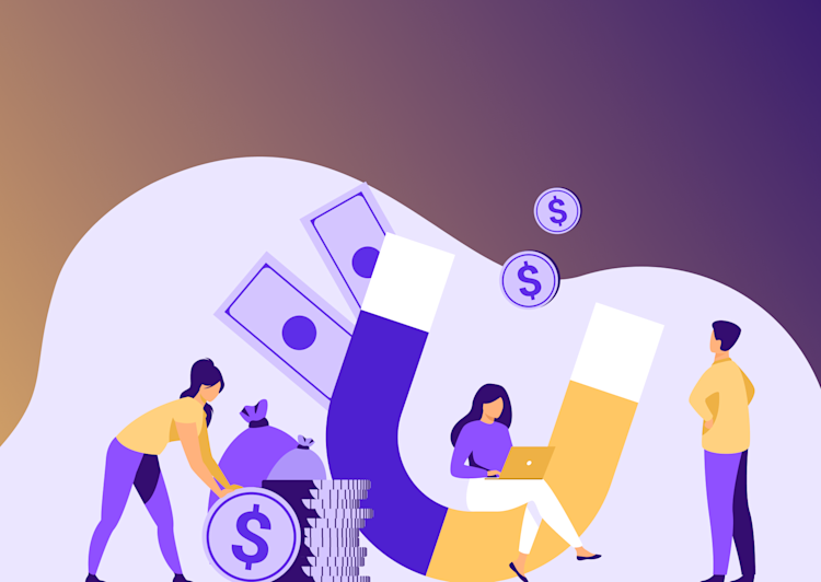 Illustration of three people sitting on a magnet and dollar signs around them
