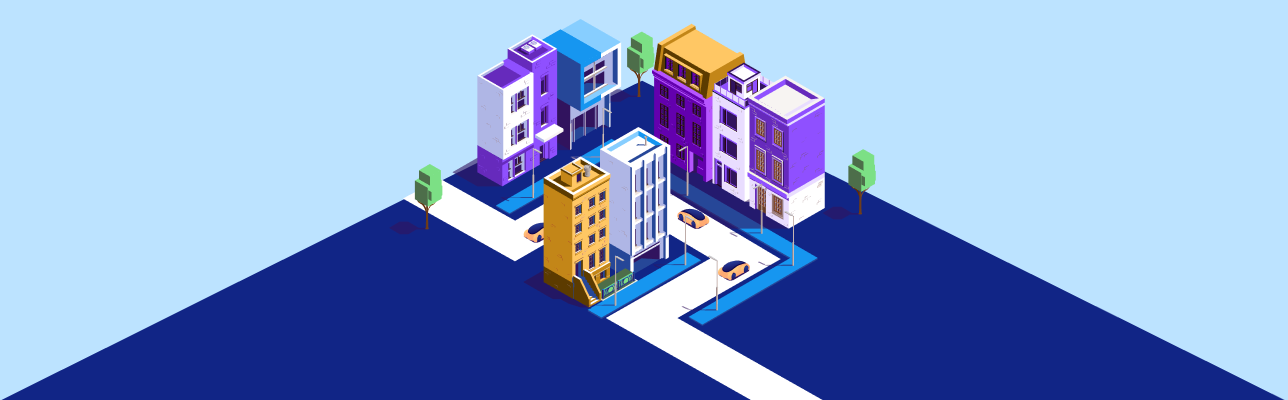 Illustration of city buildings and a street (cover image)