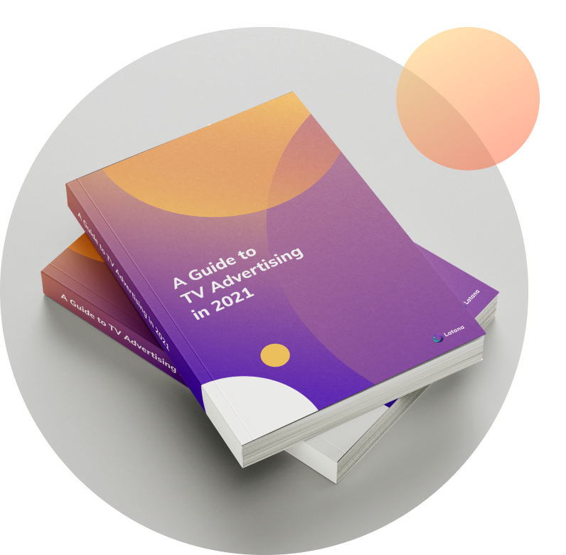 Round framed orange and purple books with title of A Guide to TV Advertising in 2021