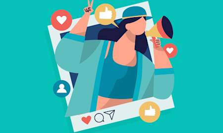 Illustration of a woman in a instagram pots with a megaphone (Thumbnail)