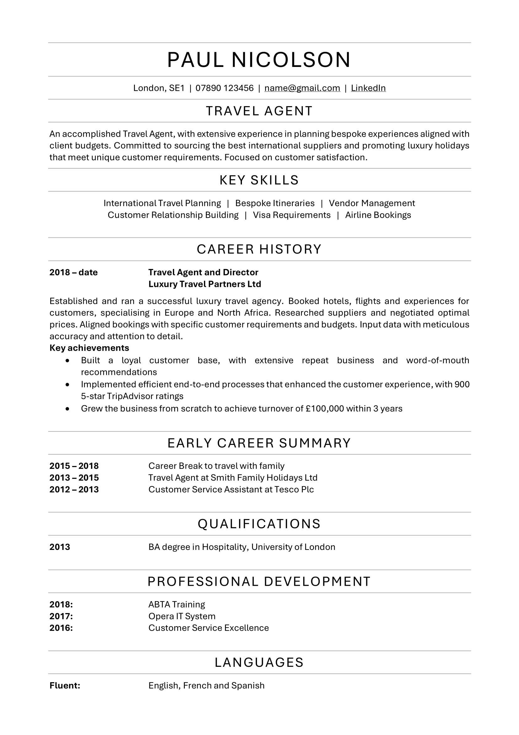 Business owner CV example