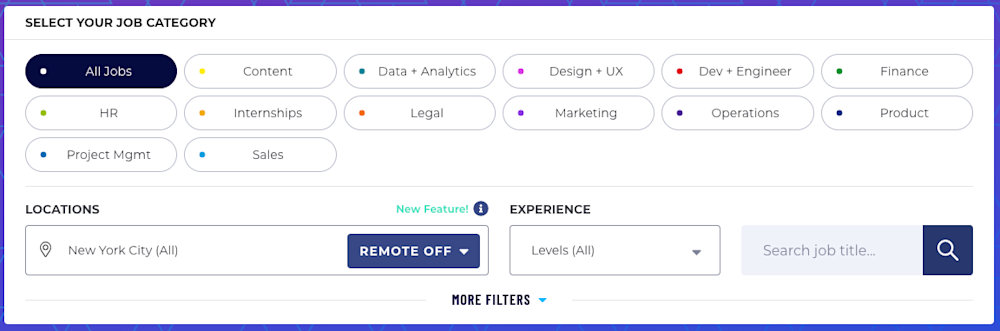 job categories from BuiltInNYC HR Finance operations legal marketing