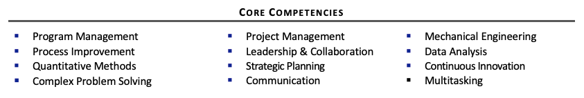 Example of skills section for Engineering Program Manager 1