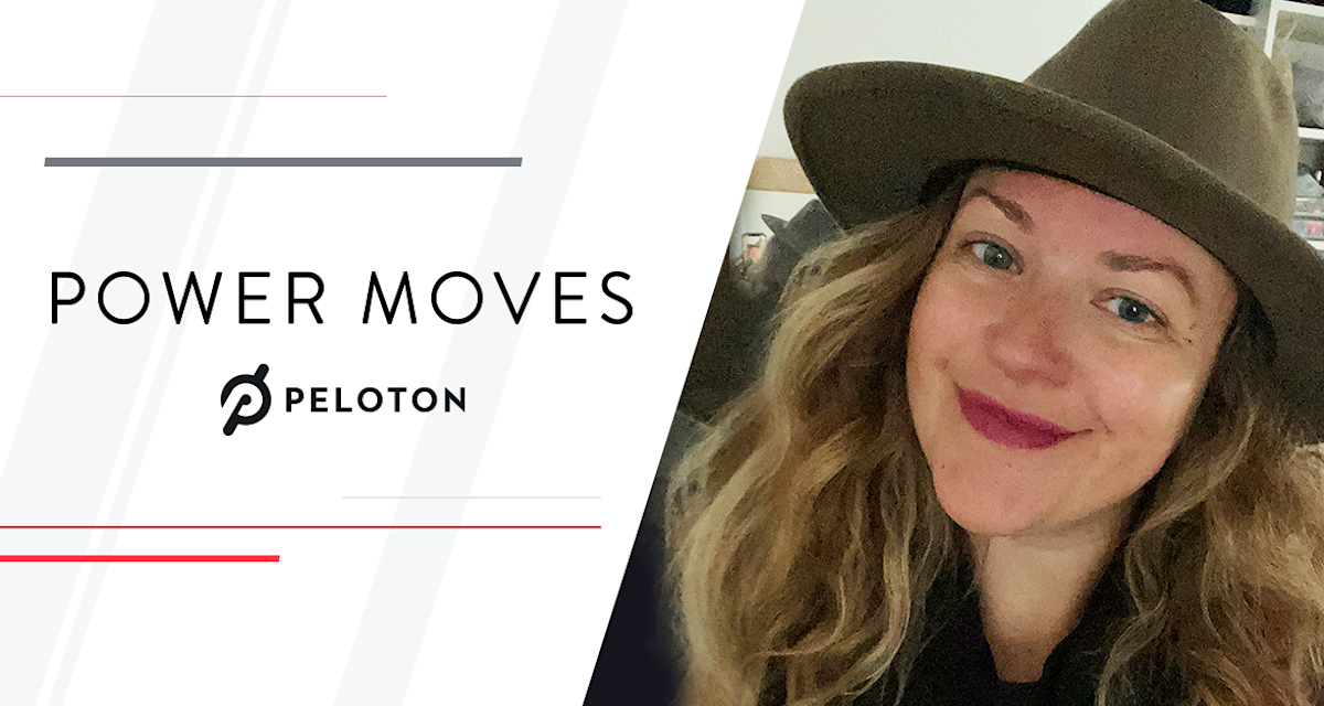 A white, red, and black blog header image features the blog series title, "Power Moves," with the Peloton logo underneath, along with a headshot of the featured team member smiling.