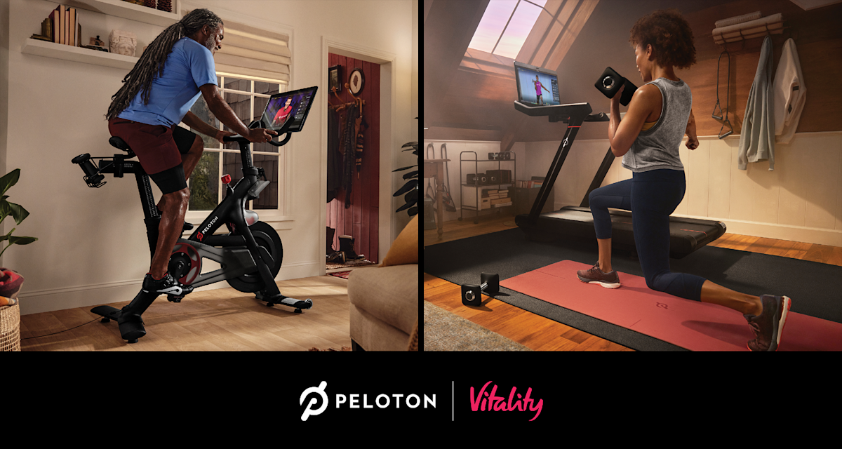 Two images highlighting a Member riding the Peloton Bike and another Member performing a strength class with weights with a Peloton Tread in the background