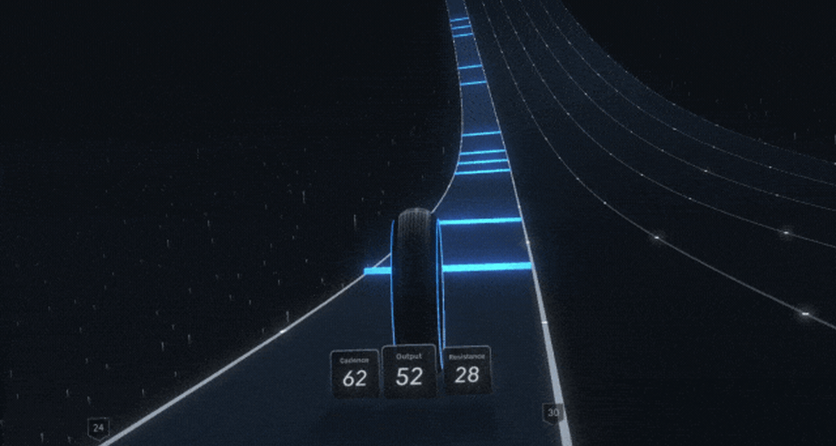 A gif of Beats, a Peloton Lanebreak Moment. Beats are blue bars on the track that award points for simply being in the right lane at the right time
