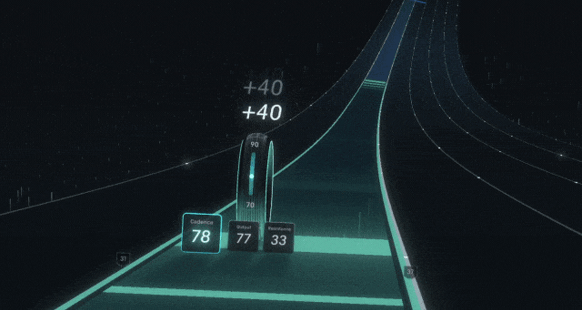 A Peloton Lanebreak Moment. Streams are longer green Moments that require you to keep your cadence within the target range to score points.