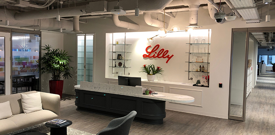 Lilly Canada office reception desk and seating area 