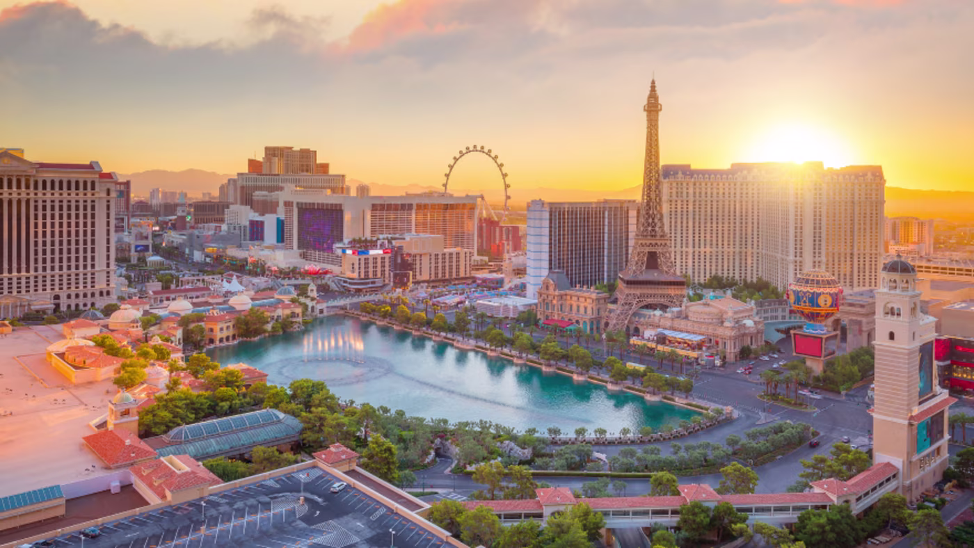 Las Vegas skyline at sunset.