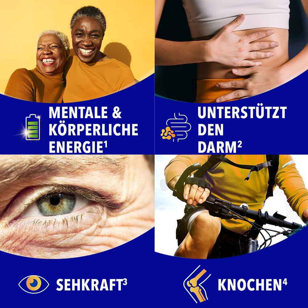 Vier Bilder-Collage mit Symbolen für Mentale & körperliche Energie, Unterstützt den Darm, Sehkraft und Knochen