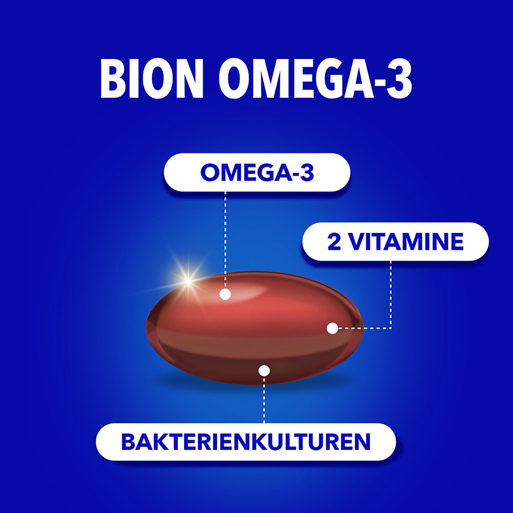 Roten Omega-3-Kapsel mit den Labels: Omega-3, 2 Vitamine, Bakterienkulturen