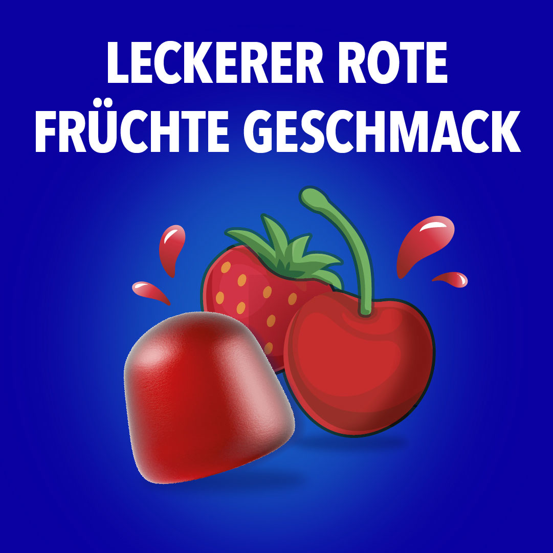 „Leckerer rote Früchte Geschmack" mit Erdbeere und Kirsche auf blauem Hintergrund