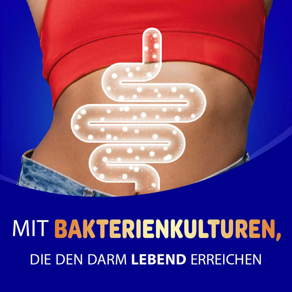 Frau im roten Shirt zeigt auf leuchtende Darmillustration mit dem Text „Mit Bakterienkulturen, die den Darm lebend erreichen"