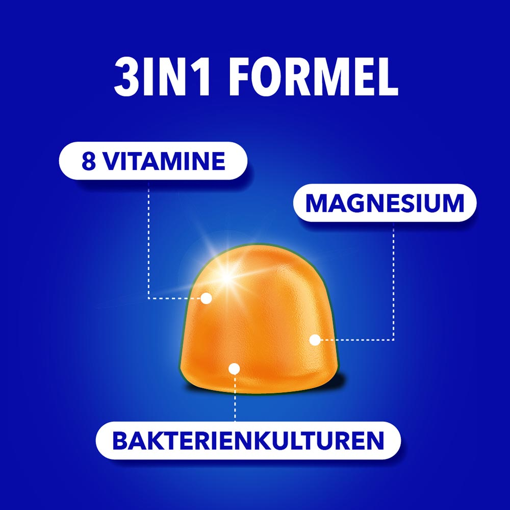 „3in1 Formel" mit einem Weichgummi und den Labels: 8 Vitamine, Magnesium, Bakterienkulturen