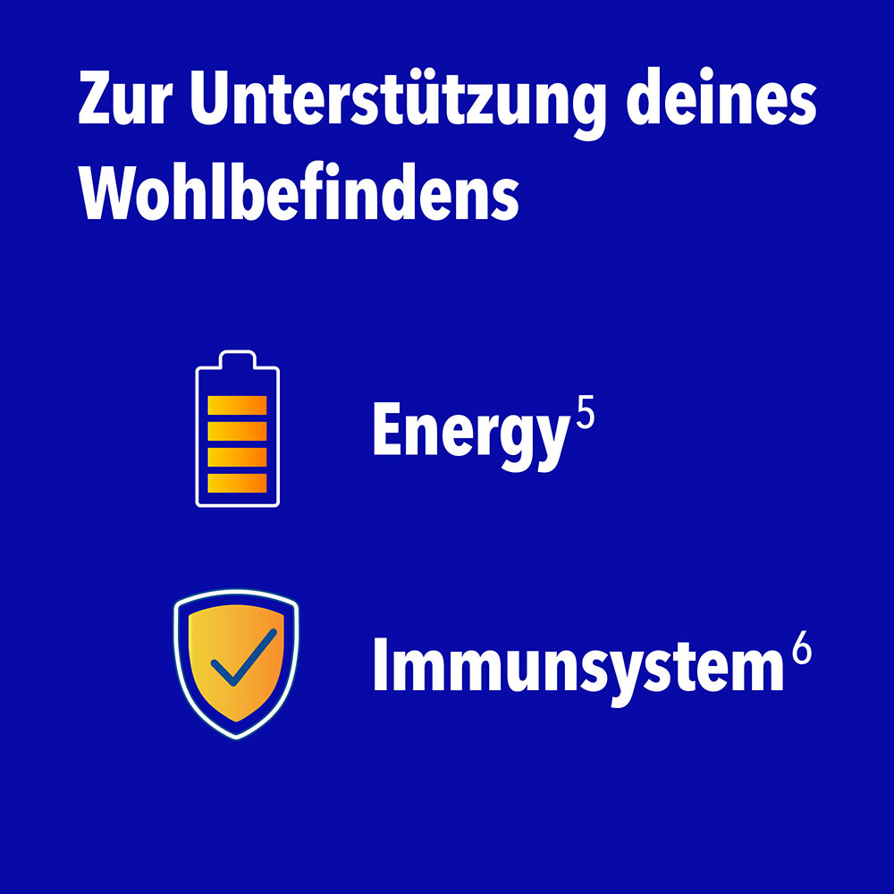 "Zur unterstützung deines Wohlbefindens" mit Symbolen für Energie und Immunsystem