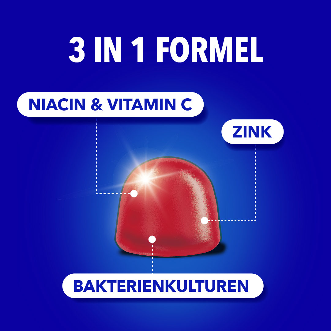 „3 in 1 Formel" mit einem roten Weichgummi und den Labels: Niacin & Vitamin C, Zink, Bakterienkulturen