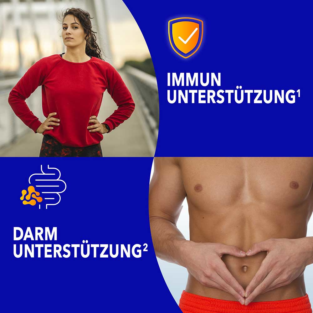 Frau mit Schutzschild-Icon für „Immununterstützung" und Mann mit Darm-Icon für „Darmunterstützung"