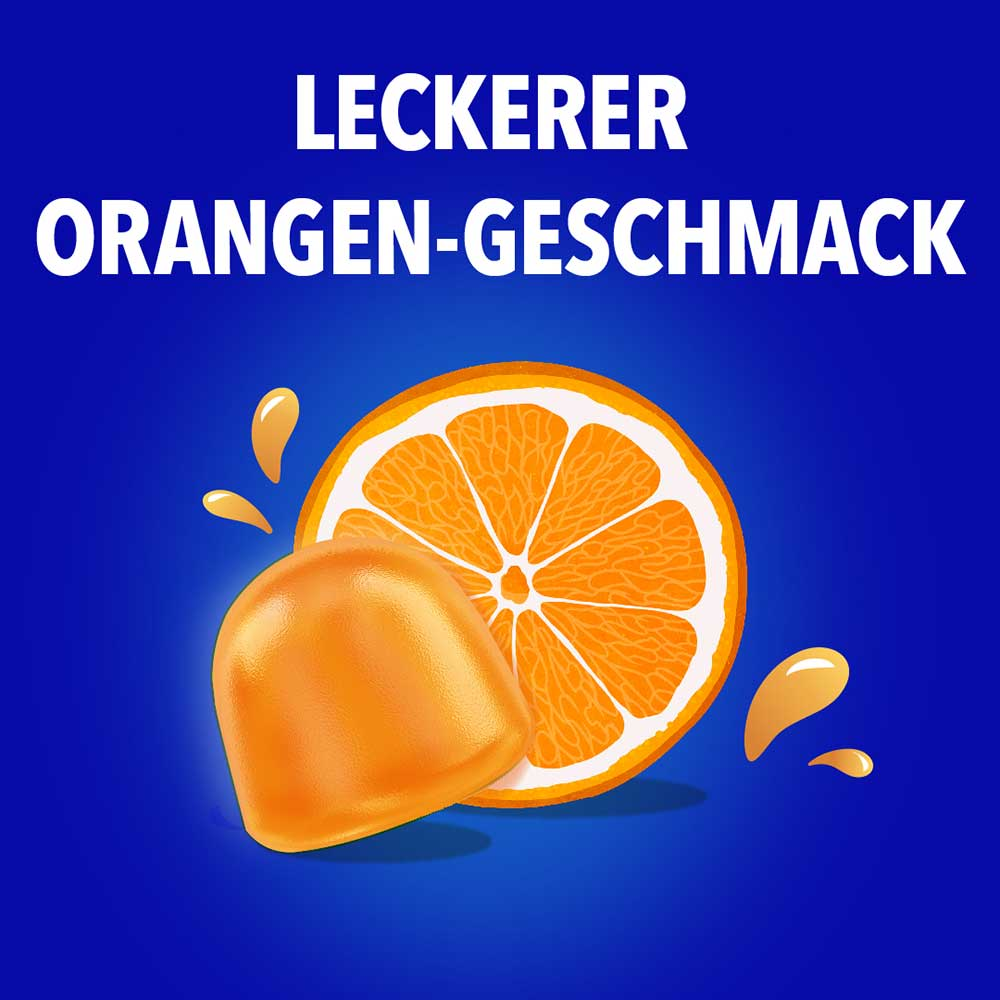 „Leckerer Orangen-Geschmack" mit einer aufgeschnittenen Orange und einem Weichgummi auf blauem Hintergrund