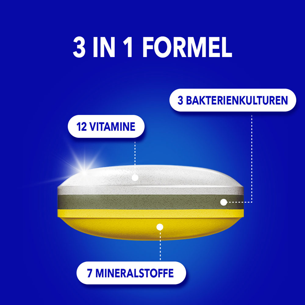 „3 in 1 Formel" mit einer Tablette und den Angaben: 3 Bakterienkulturen, 12 Vitamine, 7 Mineralstoffe
