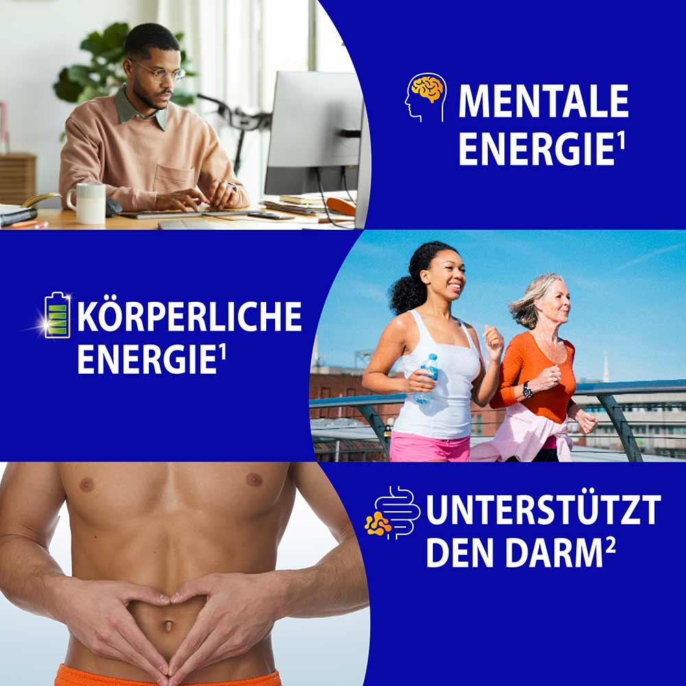 Dreiteilige Bildcollage mit Symbolen für Mentale Energie, Körperliche Energie und Unterstützt den Darm