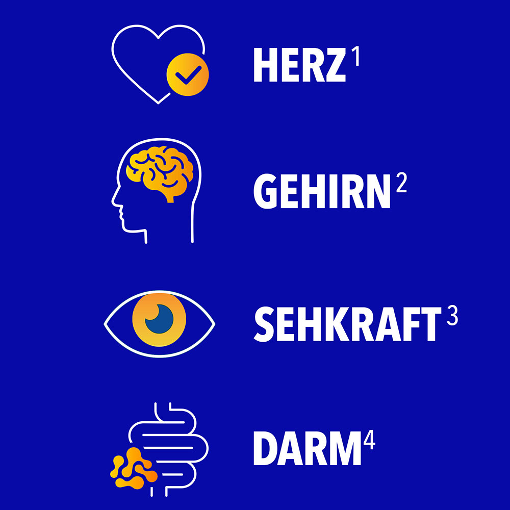 Icons für die vier unterstützten Körperbereiche: Herz, Gehirn, Sehkraft und Darm