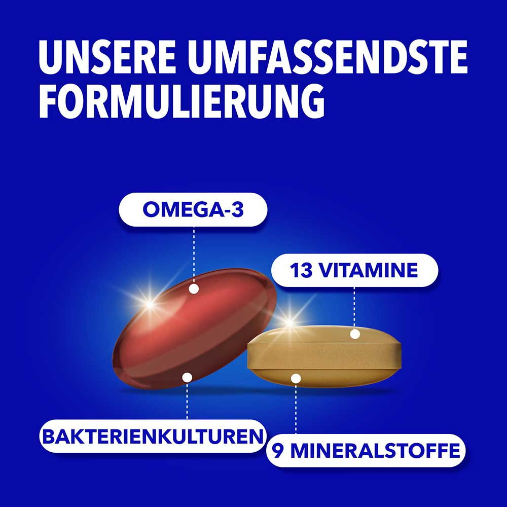 Tablette und Kapsel mit Hinweisen auf Omega-3, 13 Vitamine, 9 Mineralstoffe und Bakterienkulturen