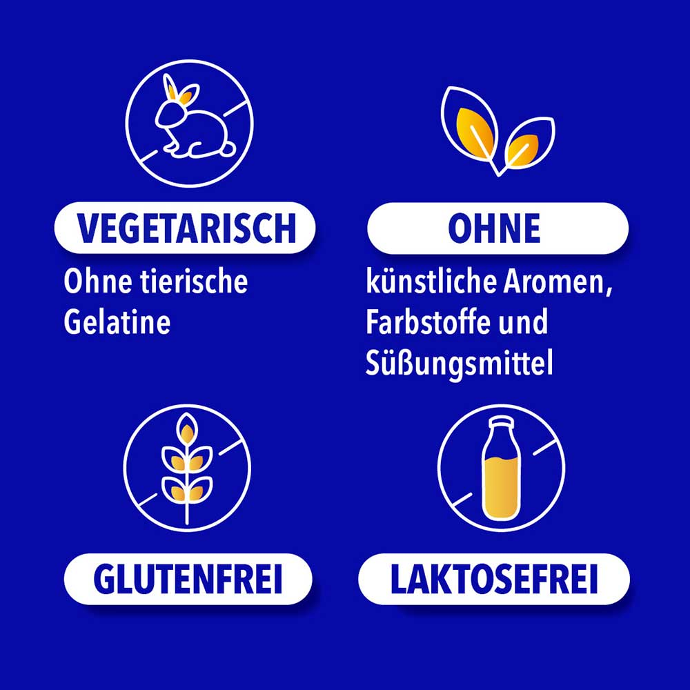 Vier Icons: Vegetarisch (ohne tierische Gelatine), Ohne künstliche Aromen/Farbstoffe/Süßungsmittel, Glutenfrei, Laktosefrei