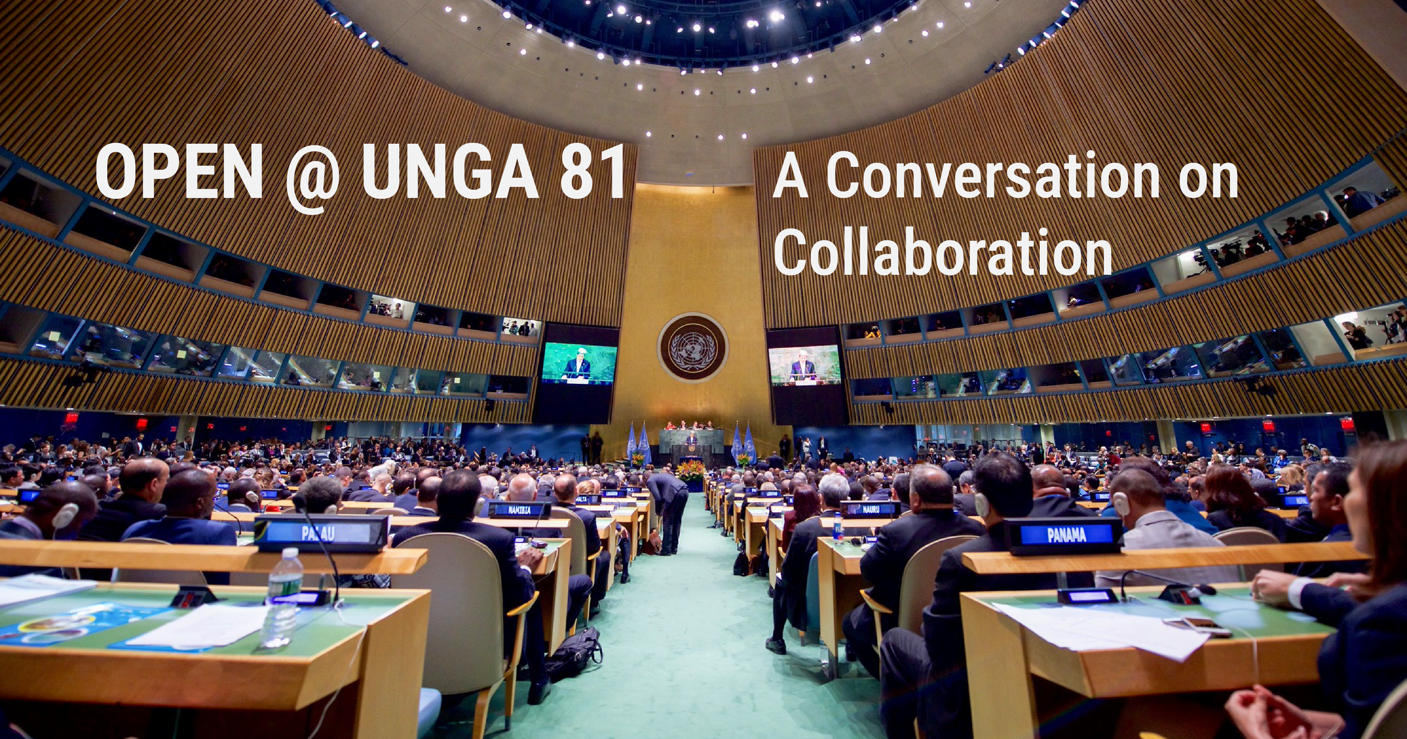 Image of the UN General Assembly hall with the event title on the top