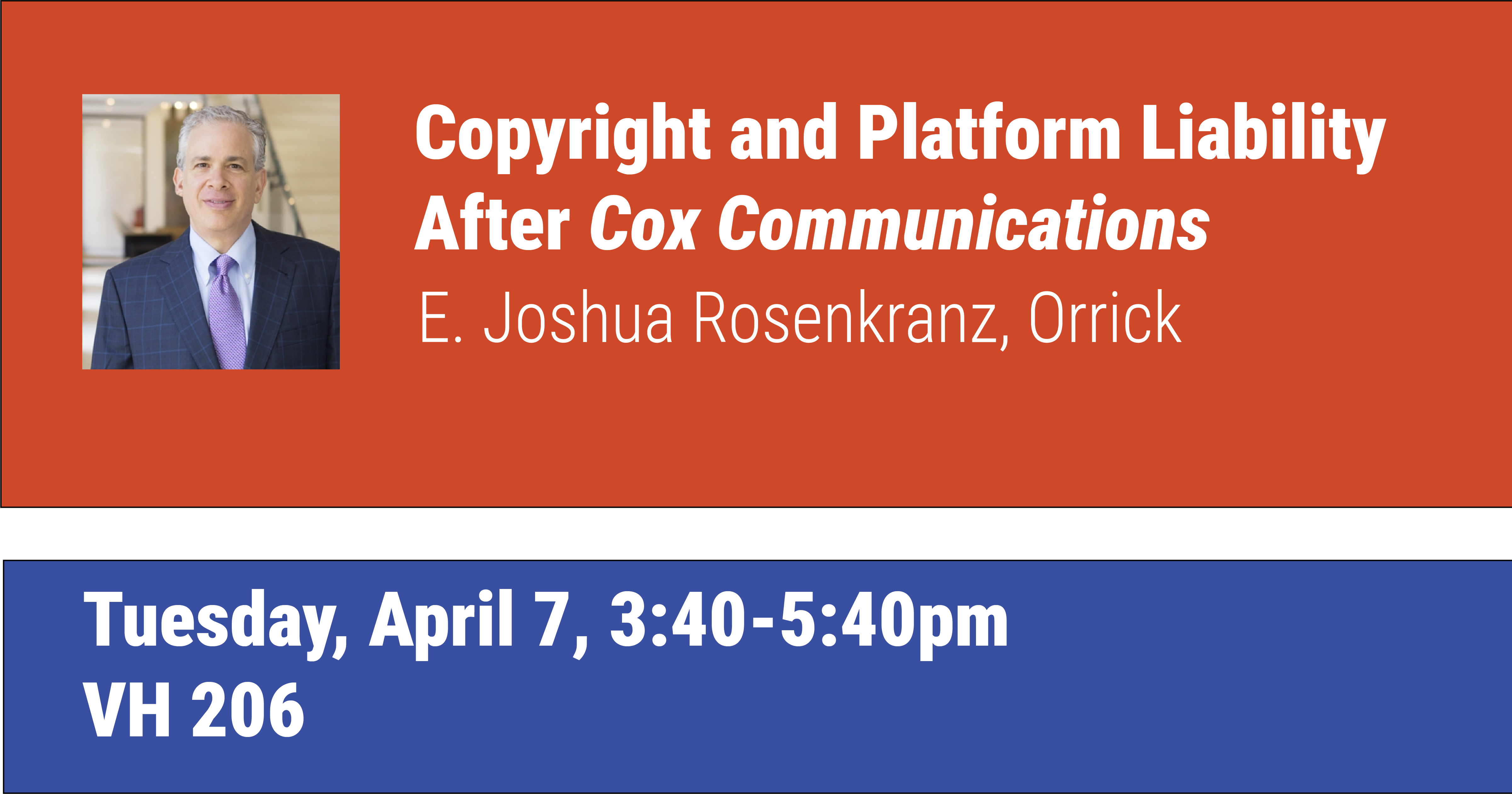 Headshot of E. Joshua Rosenkranz next to event tile on red background