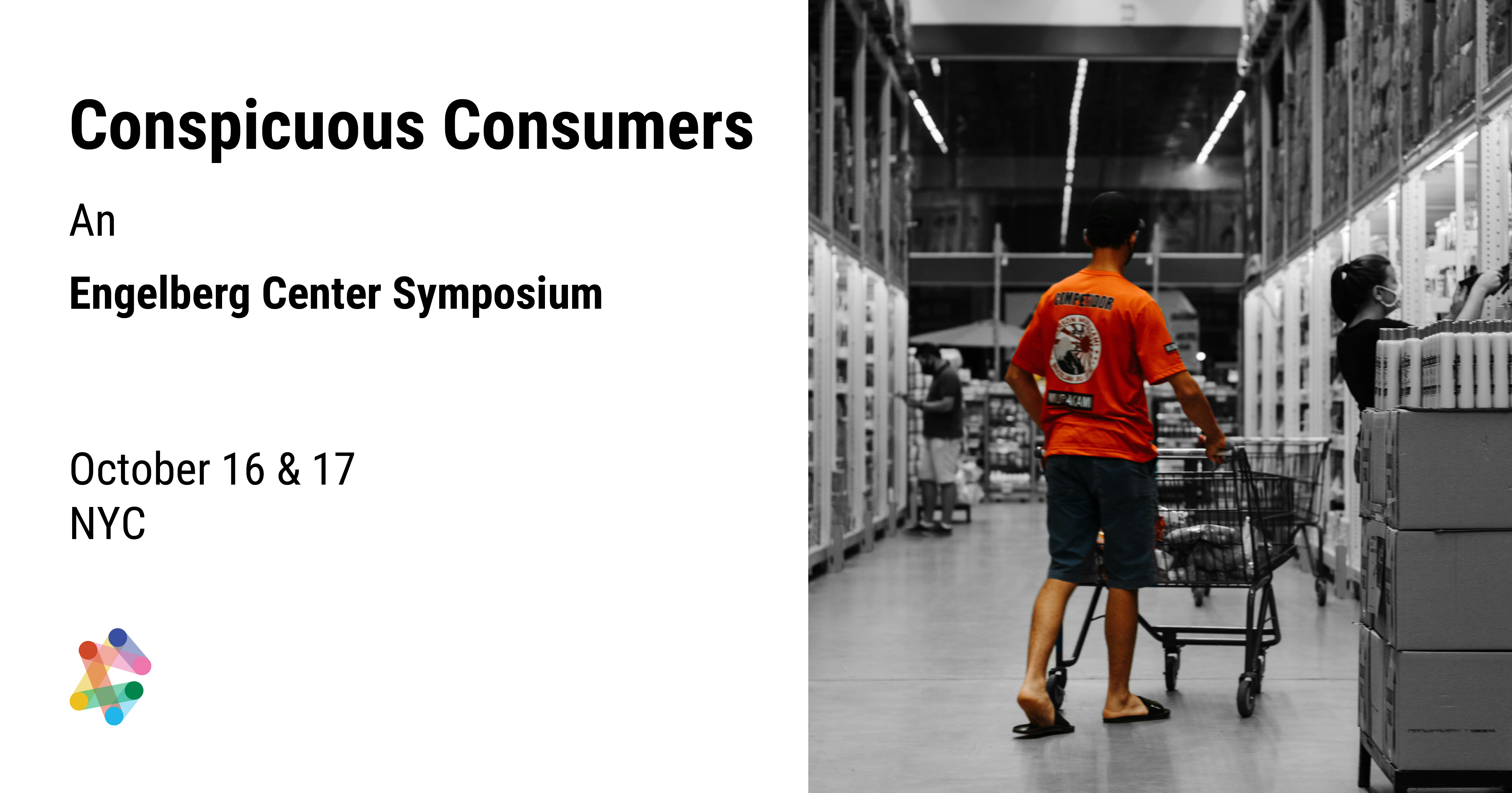 Event image with event title on the left side, and a photo of a shopper wearing an orange shirt pushing a cart through a black and white store on the right