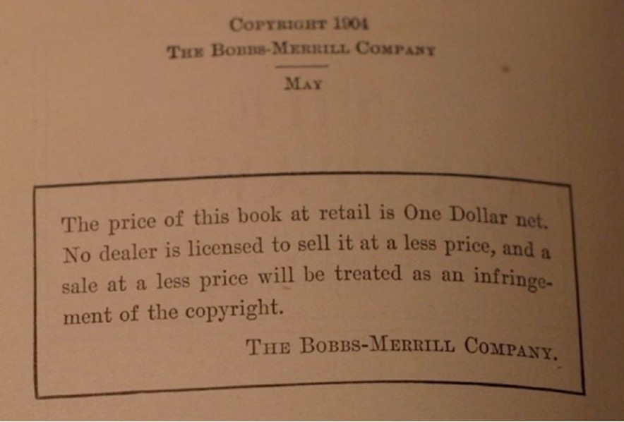 A photograph of a Bobbs-Merrill Company notice added to each copy of The Castaway that no dealer was “authorized” to sell the book for less than $1. 
