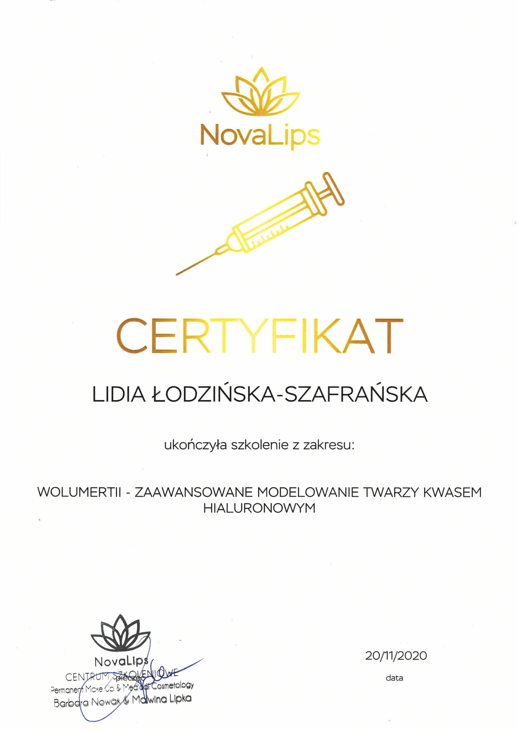 certyfikat NovaLips wolumetria