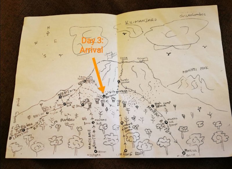 Map of Kilimanjaro with arrow pointing to Barranco Camp