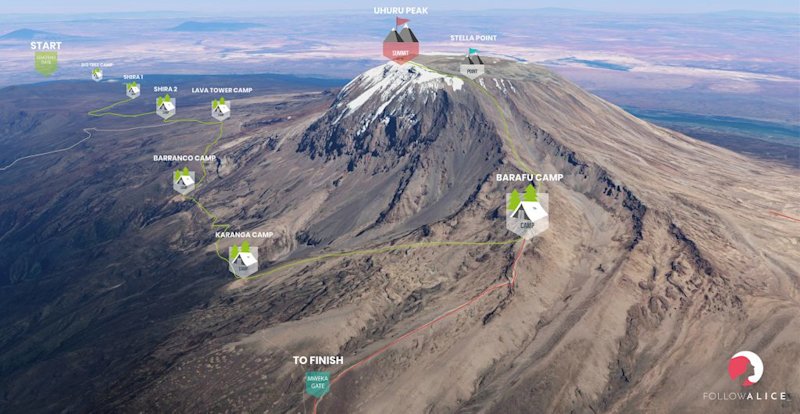 Map of the Lemosho route up Kilimanjaro