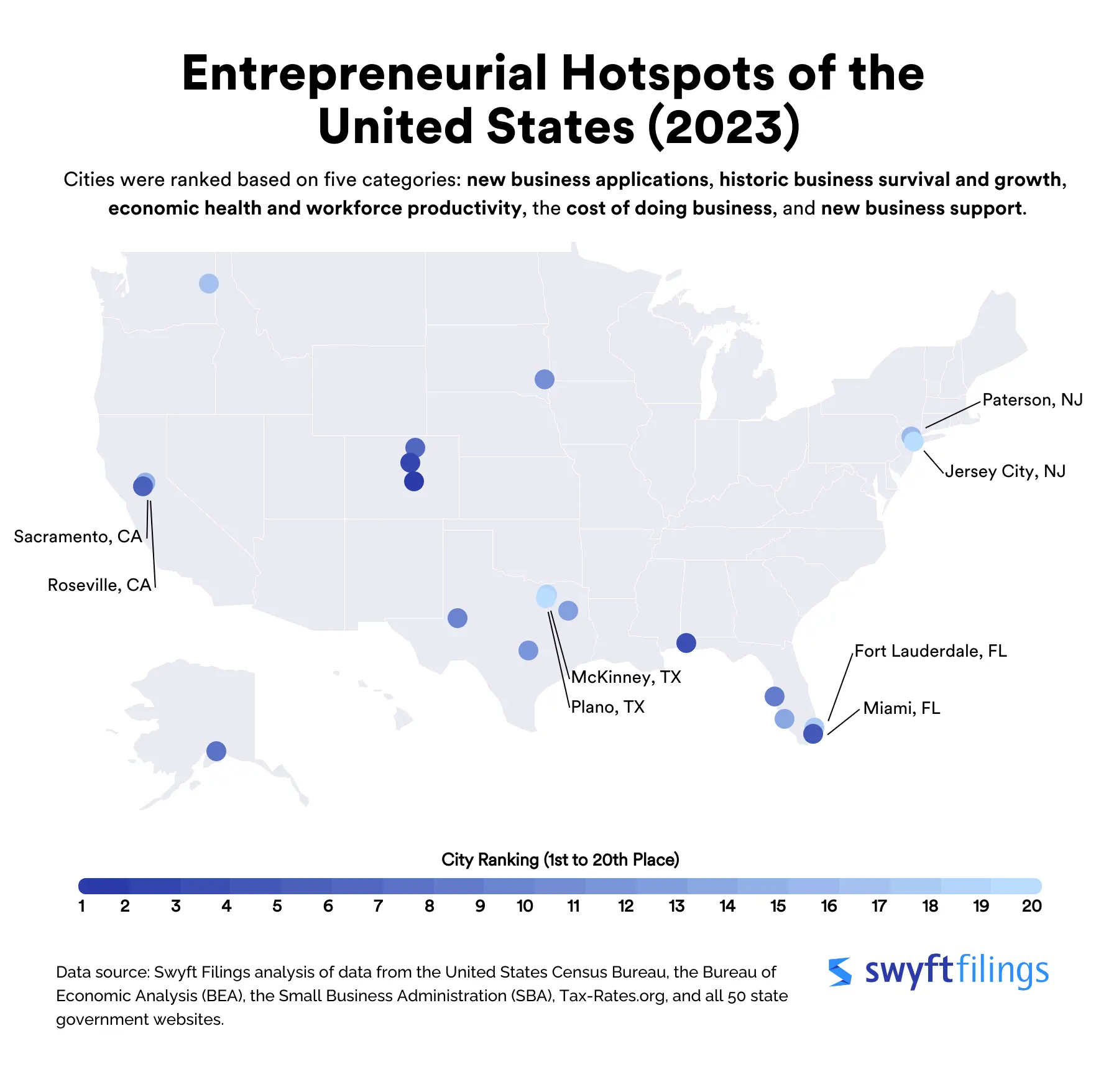 heat map of the United States featuring the top 20 cities for growth in new businesses and new business opportunity
