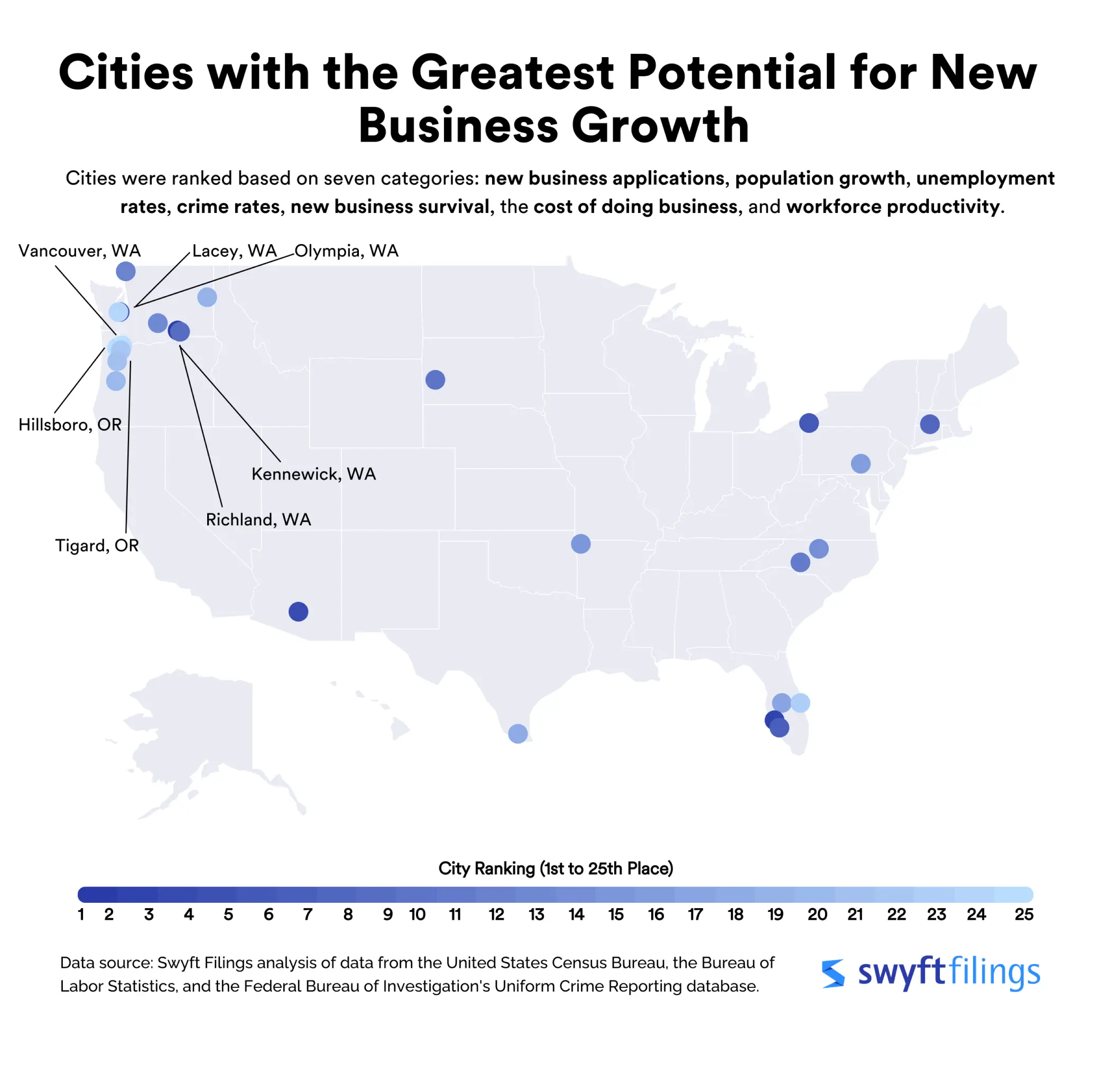 heat map of the united states displaying the top 25 cities in 2023 with the greatest potential for new business growth