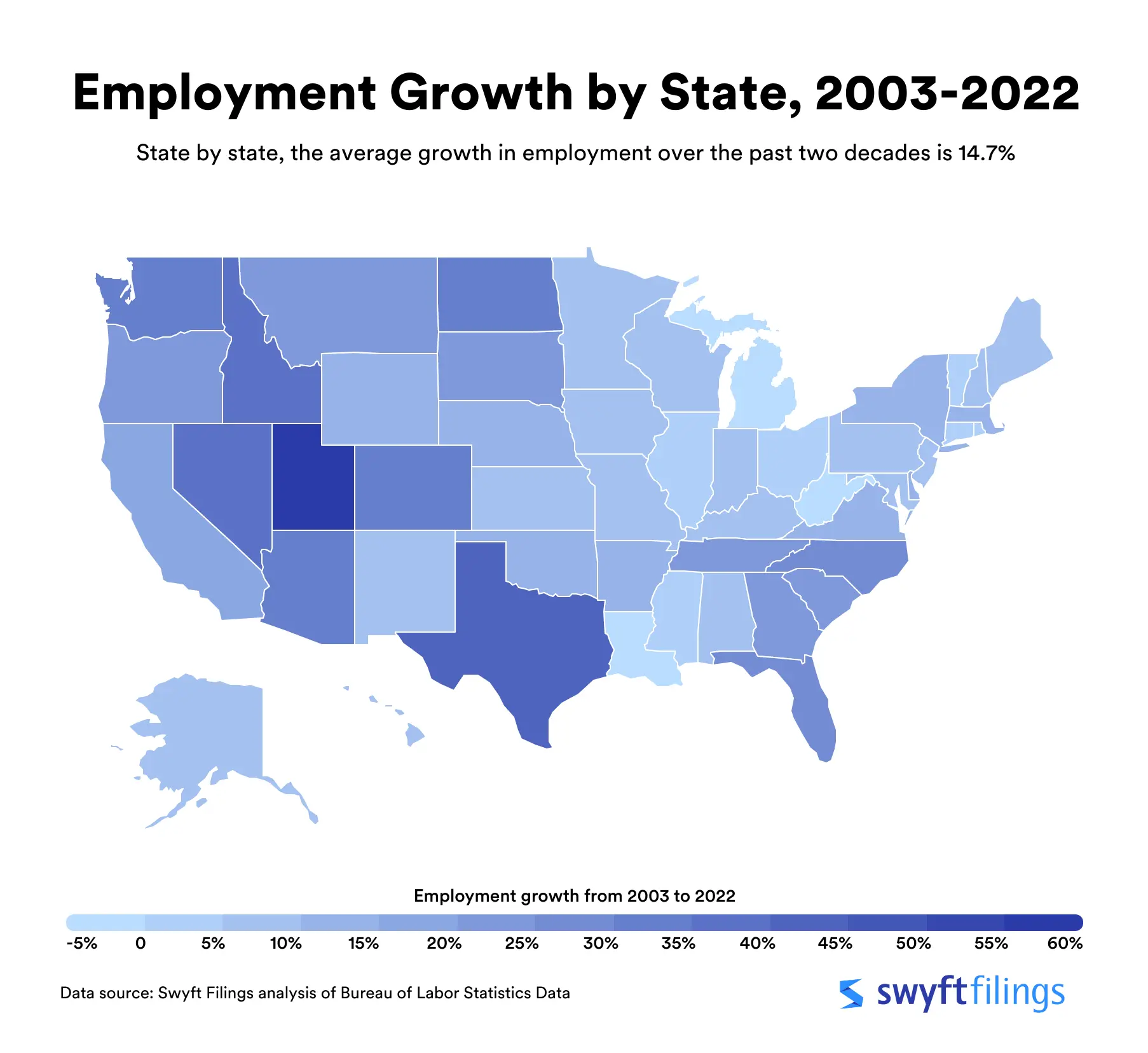 heat map of the united states showing the proportion of employment growth by state from 2003 to 2022