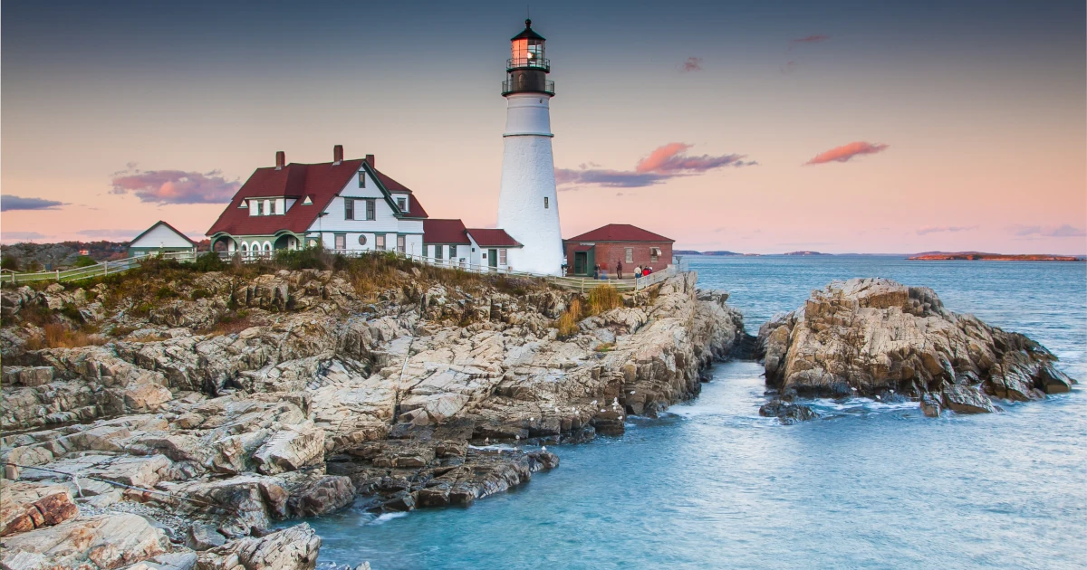 Lighthouse at sunset on the coast of Maine