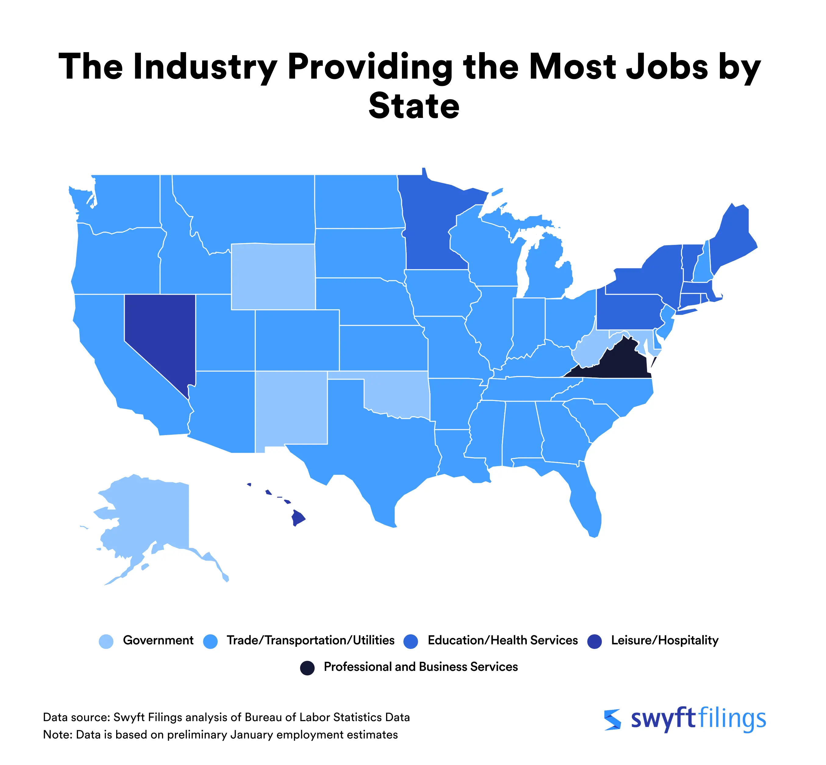 heat map of the united states showing the industry providing the most job by state