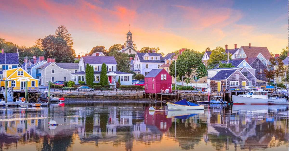 Boats docked outside of a New Hampshire town