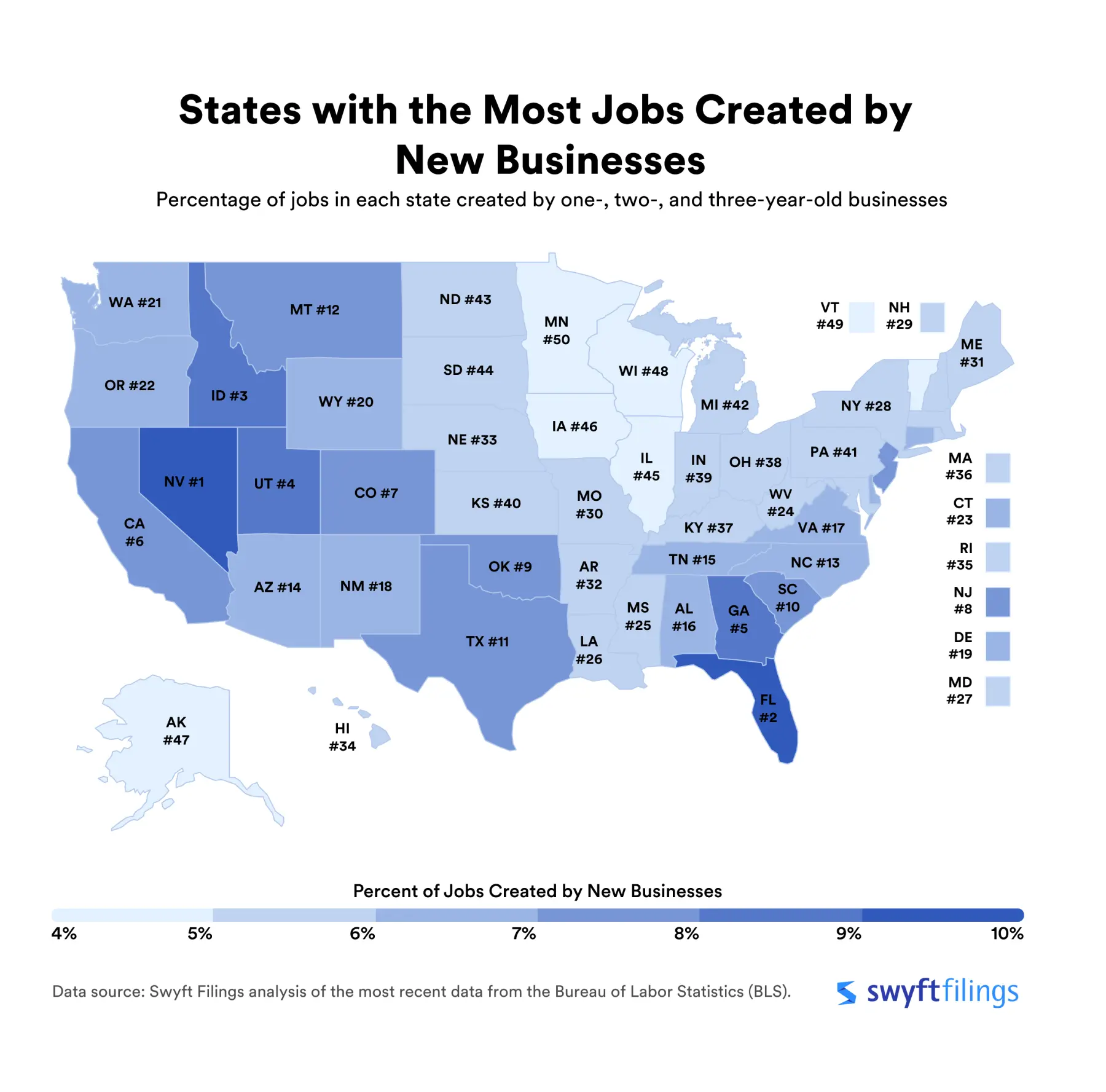 heat map of the united states depicting the states with the highest share of jobs created by new businesses