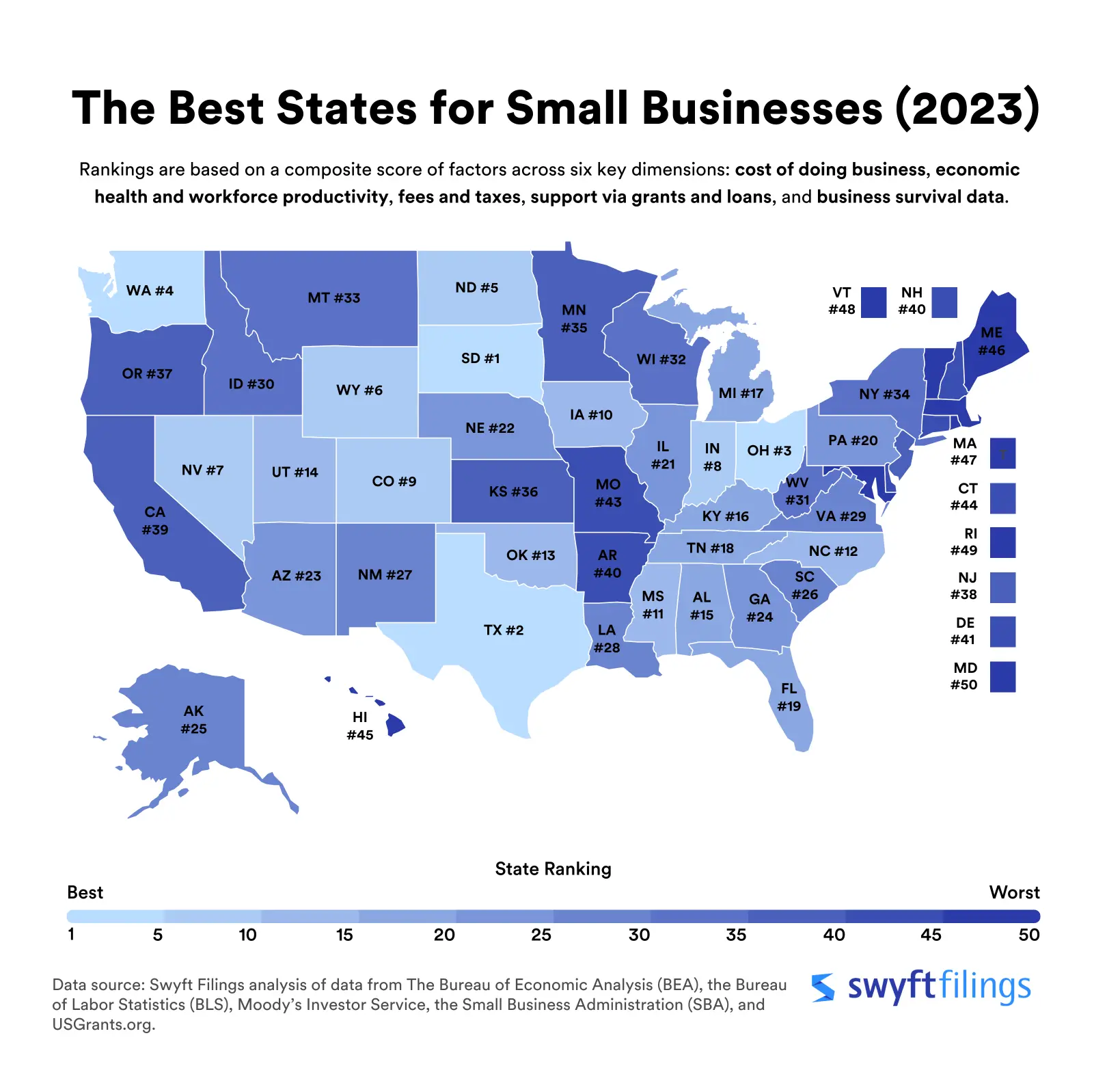 heat map featuring the best and worst states for small businesses in 2023