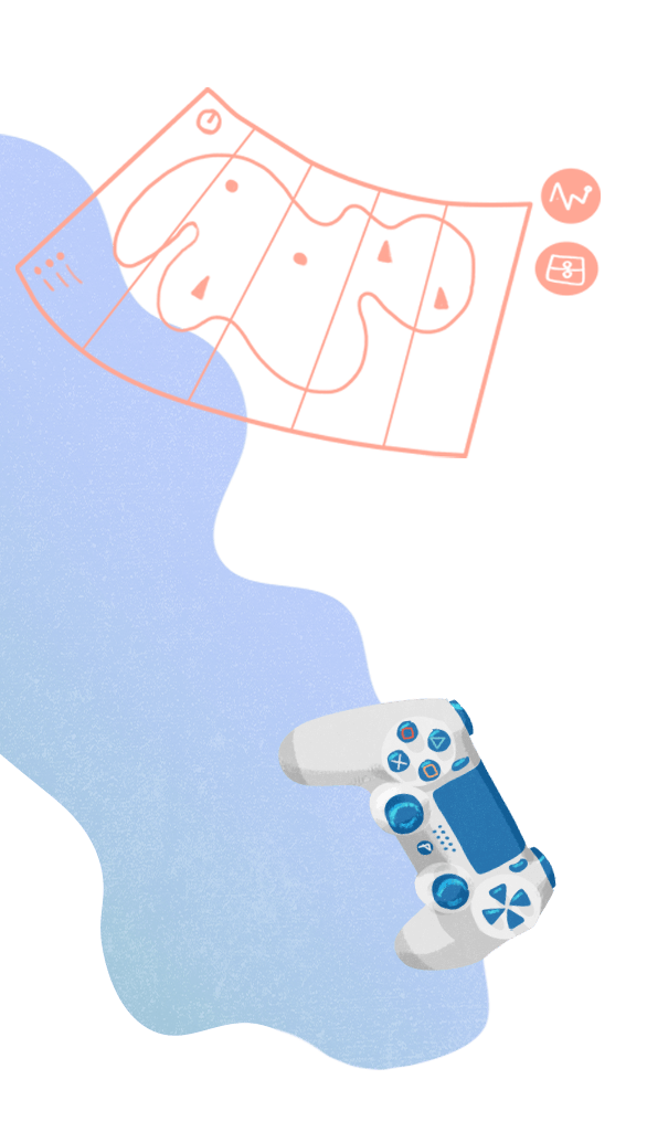 drawing of a treasure map and a video game console controller